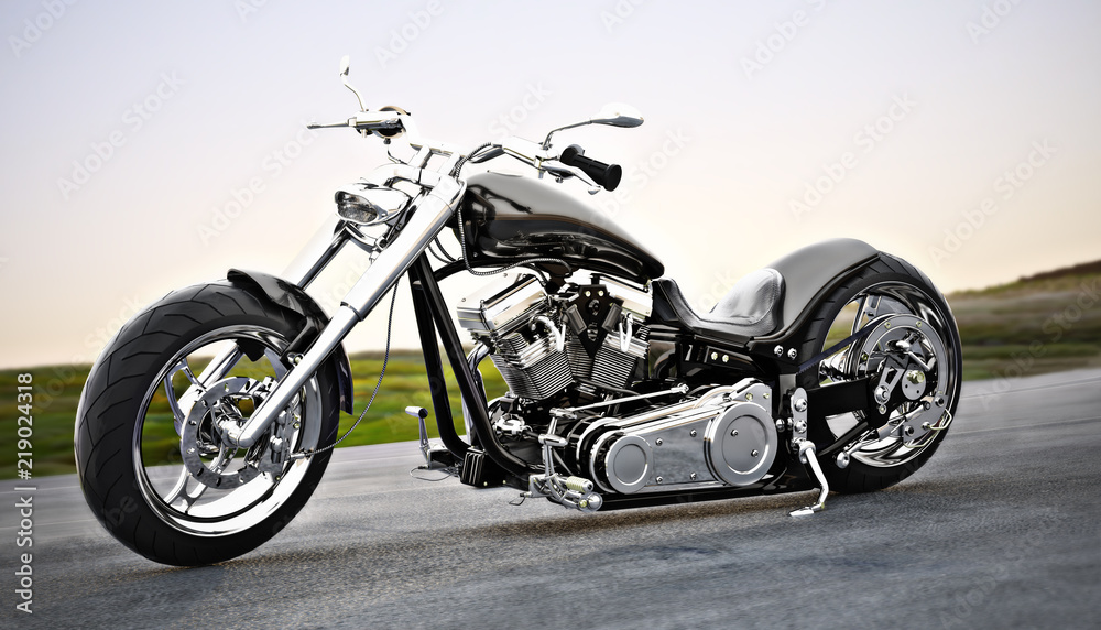 Custom black motorcycle on the open road. 3d rendering