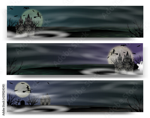 Collection banner for Halloween with gothic castle, flying young witch, ghost and full moon. Vector illustration.