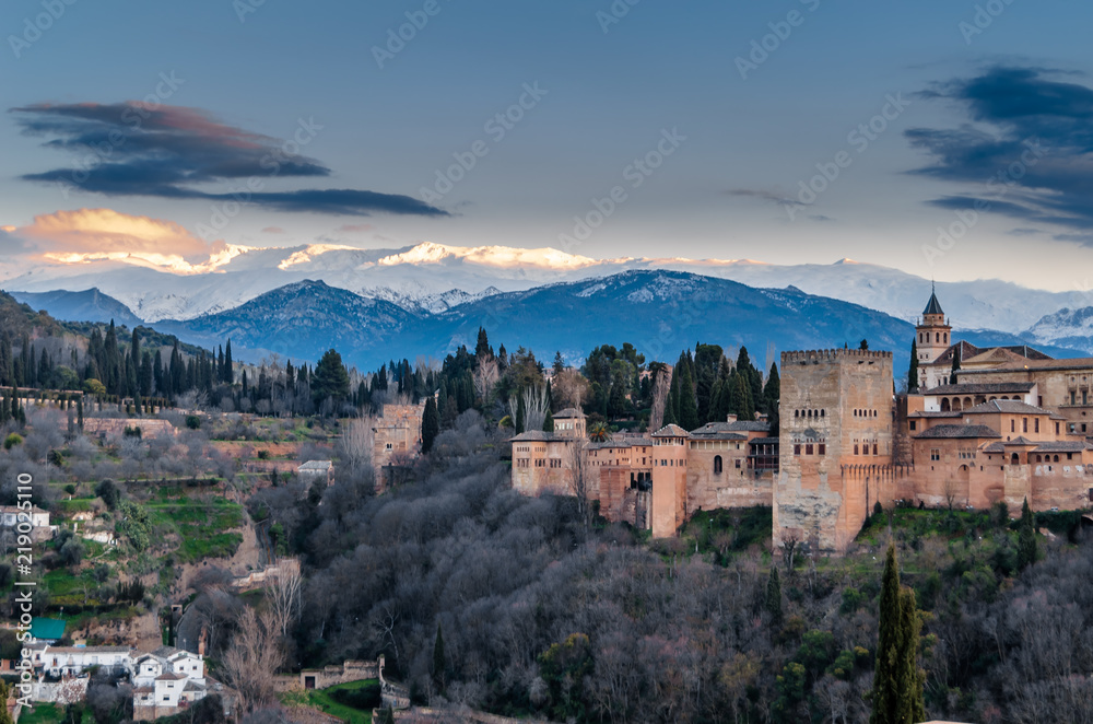 Cityscape of Granada, Spain, with the Alhambra Palace in the background