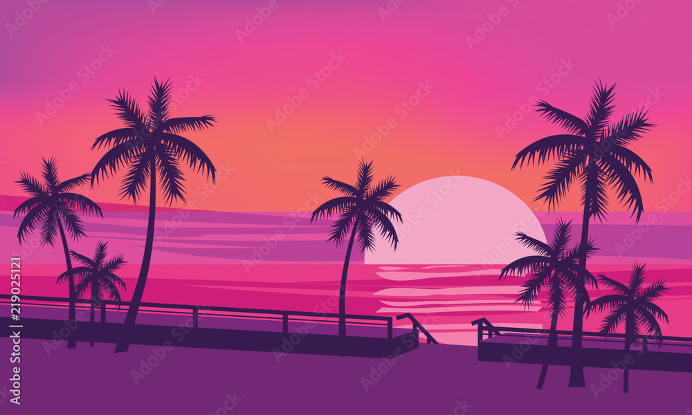 Sunset, ocean, evening, palm trees, sea shore, color mood, summer, vector, illustration, isolated, cartoon style