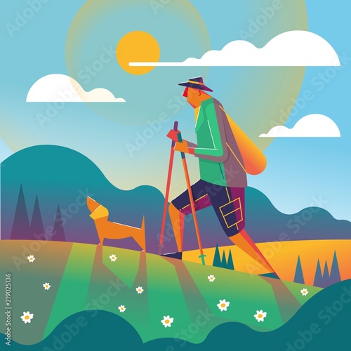 man hiking with his dog illustration