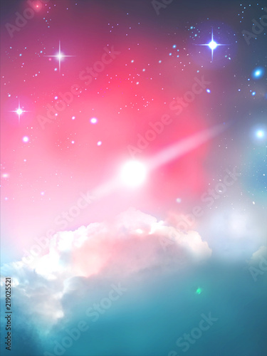 Beau Ciel etoilé. Stéllaire Voute celeste. Etoiles scintillantes dans un ciel rose, bleu. Astre éclairant les nuages photo
