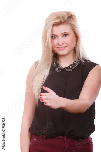 Woman with open hand ready for handshake photo