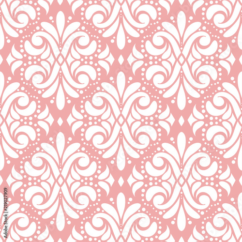 White and pink vintage vector seamless pattern, wallpaper. Elegant classic texture. Luxury ornament. Royal, Victorian, Baroque elements. Great for fabric and textile, wallpaper, or any desired idea.
