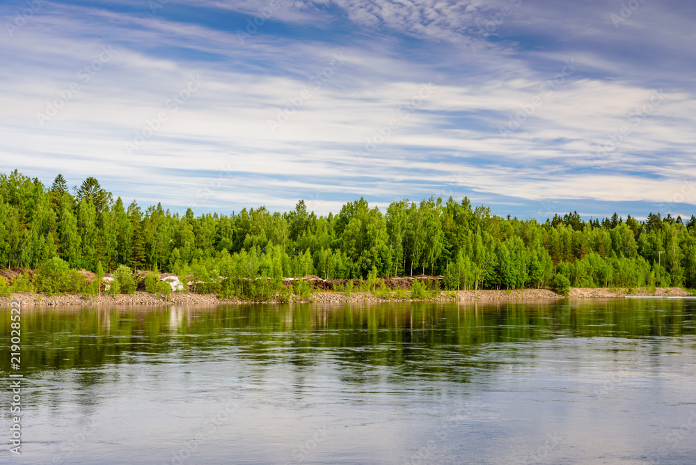 Beautiful summer landscape. Rural Finland. Vuoksi river near Imatra city.
