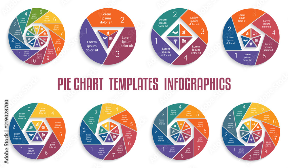 Set of Infographics Business Vector Pie Charts patterns for design 3 4 5 6 7 8 9 10 variants, steps, parts, workflows