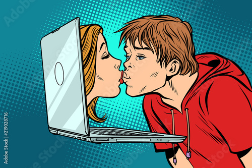 Virtual kiss, young man and woman online date