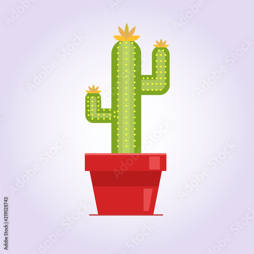 Decorative cactus with prickles on the white background. Home plant in pot. Flat style icon