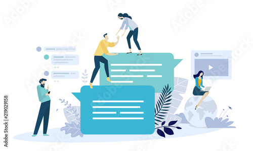 Vector illustration concept of online communication, social media, networking, community group. Creative flat design for web banner, marketing material, business presentation.