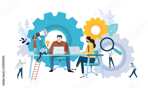 Vector illustration concept of teamwork, project management, workflow, business mechanism, research and development. Creative flat design for web banner, marketing material, business presentation.