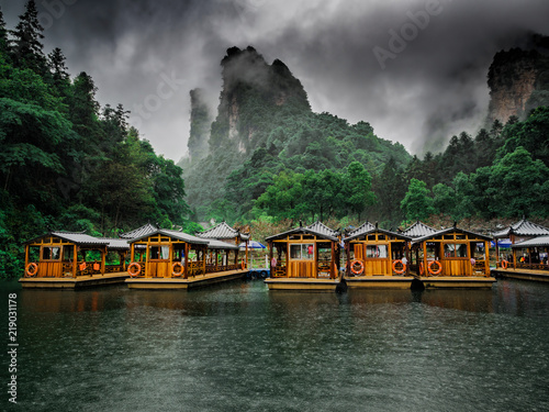 Baofeng Lake Boat Trip in a rainy day with clouds and mist at Wulingyuan, Zhangjiajie National Forest Park, Hunan Province, China, Asia