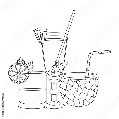 set cups cocktails with pineapple vector illustration design