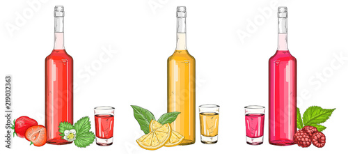A set of glass bottles with fruit liqueurs and shots a vector illustration. Berry and orange syrup
