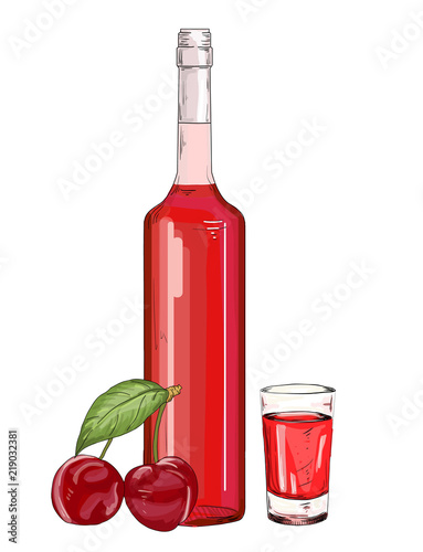 Glass bottle and shot with cherry liqueur vector illustration. Cherry syrup on a white background
