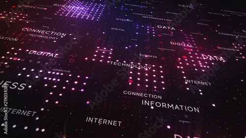 Digital structure of many glowing particles. Abstract technology concept. Creative background. Luminous bright geometric and information elements. Composition with lots of shining dots. 3d rendering