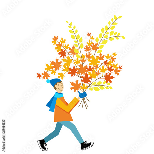 A man carrying a autumn leaves bouquet. Leaf peeping vector image. Fall leaves bundle flat vector illustration.