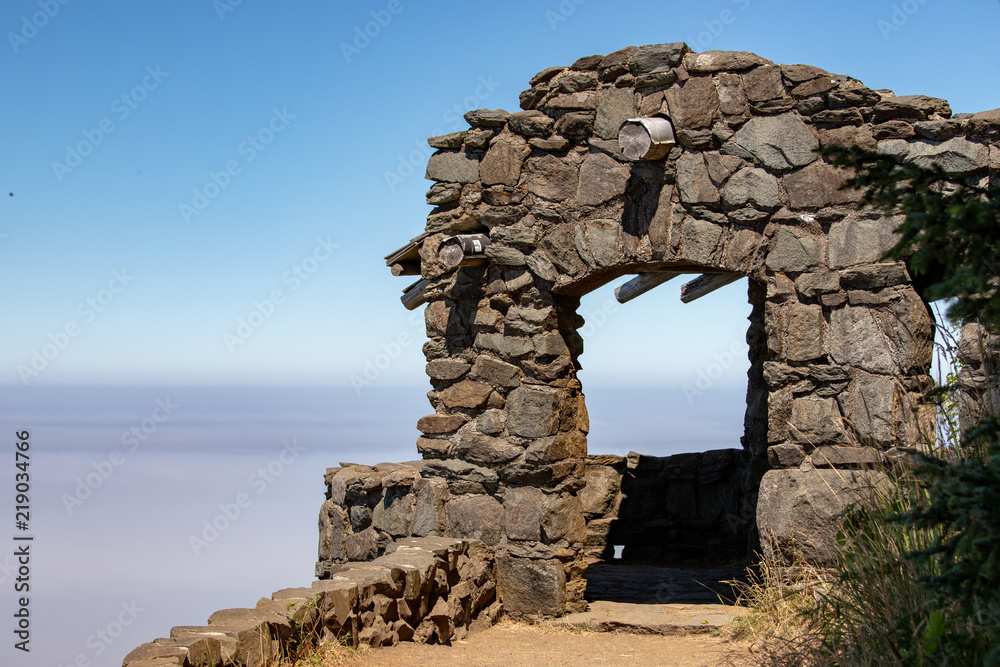 Stone House at Overlook in the Fog over the Pacific Ocean at Cape Perpetua Scenic Area near Yachats in Central Oregon in the Pacific Northwest USA