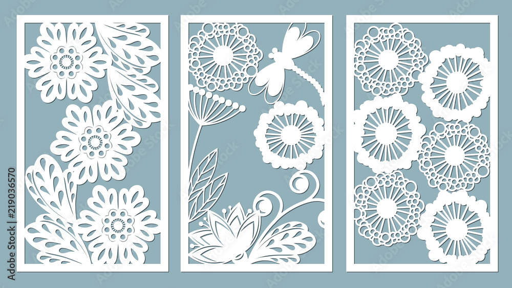 Set stencil frames with leaves, dragonfly, berry and flowers. Template