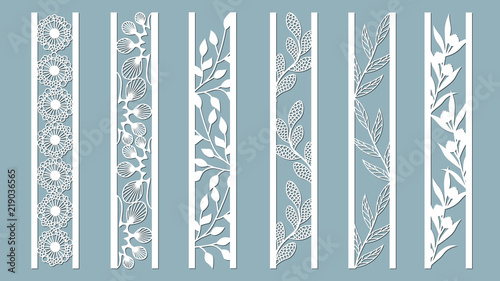 Ornamental panels with floral pattern. Flowers and leaves. Laser cut decorative lace borders patterns. Set of bookmarks templates. Image suitable for laser cutting, plotter cutting or printing.