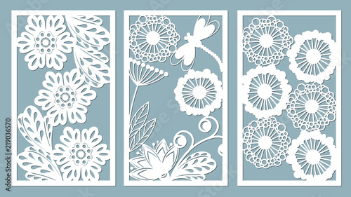 Set stencil frames with leaves, dragonfly, berry and flowers. Template for interior design, invitations, etc. Image suitable for laser cutting, plotter cutting or printing.