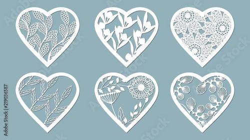 Set stencil hearts with flower. Template for interior design, invitations, etc. Image suitable for laser cutting, plotter cutting or printing.