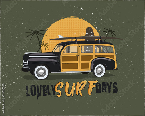 Vintage Surfing Emblem with retro woodie car. Lovely surf days typography. Included surfboards, palms and sun symbols. Good for T-Shirt, mugs. Stock vector isolated on grunge background