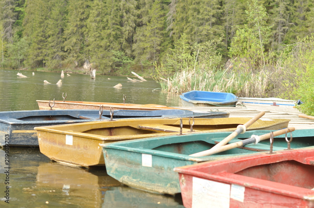 gros plan avec barques sur un lac de montagne