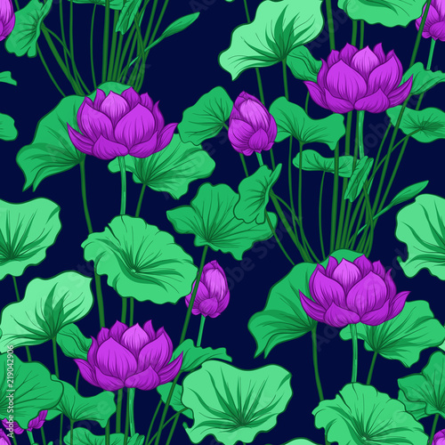 Seamless pattern  background with lotus flower. Botanical illust