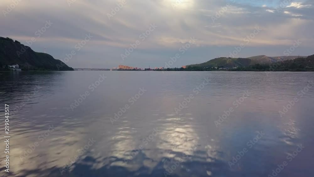 Flight over the water surface river Enisey in Krasnoyarsk city drone footage Flight over the water surface river Enisey in Krasnoyarsk city drone footage