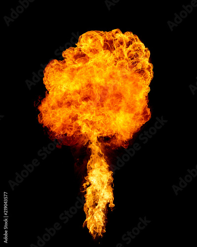 Flame of explosion isolated on black, fire mushroom