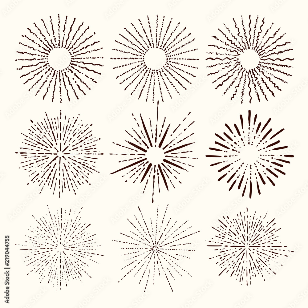 Set and collection of trendy hand drawn retro sunburst/bursting rays design elements. Set and collection of trendy hand drawn retro sunburst/bursting rays design elements.