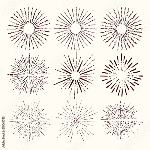 Set and collection of trendy hand drawn retro sunburst/bursting rays design elements.