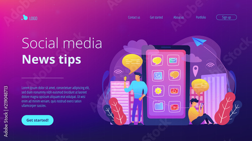 Men near huge smartphone with application icons on the screen checking social media and news feeds. Social media and news tips landing page. Vector illustration on ultraviolet background.