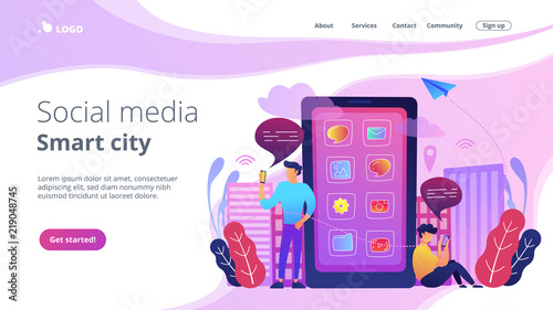 A mens near huge smartphone with application icons on the screen checking social media and news feeds. Social media and smart city landing page. News tips, violet palette. Vector illustration.