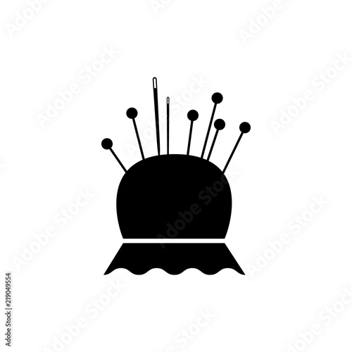 Pincushion and sewing needles and pins retro style icon. Black pin cushion vintage symbol.