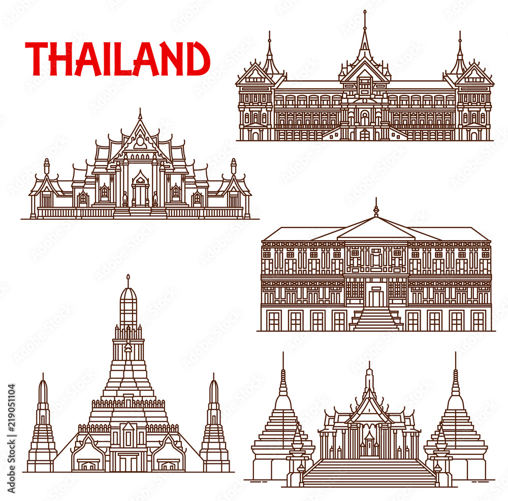 Fototapeta premium Thailand Bangkok architecture facades line icons