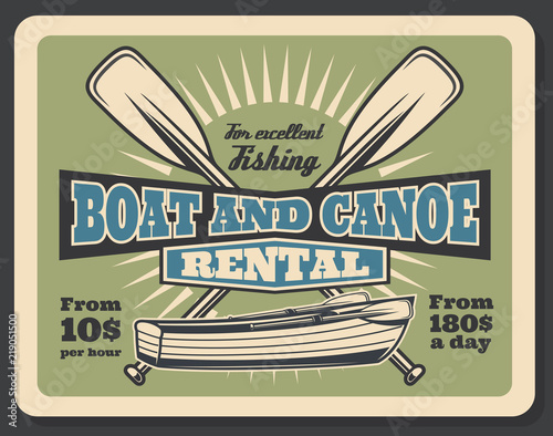 Fishing boat and canoe rental vector retro poster