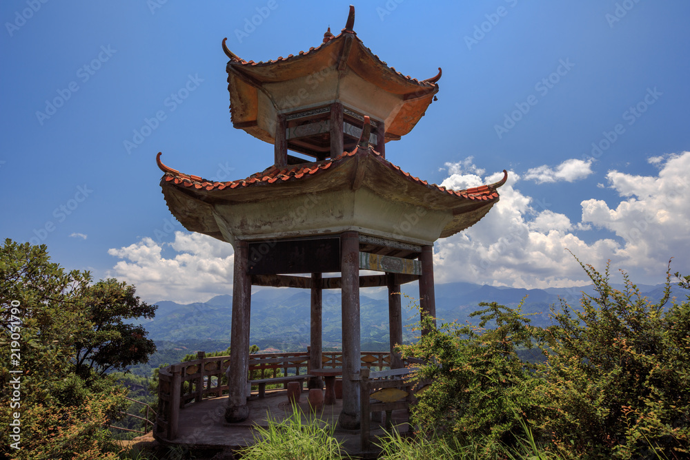 Fototapeta Zixiadong Danxia scenery in Lang Mountain, Langshan - China National Geopark, Xinning County Hunan province. Unique Danxia Landform, UNESCO Natural World Heritage site. Chinese pagoda architecture