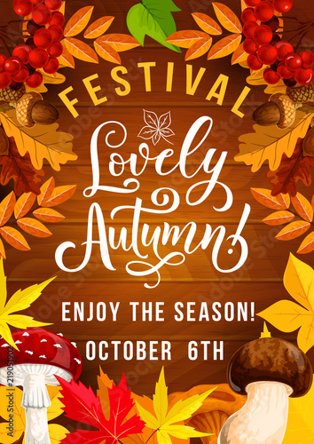 Autumn festival poster with foliage and mushrooms