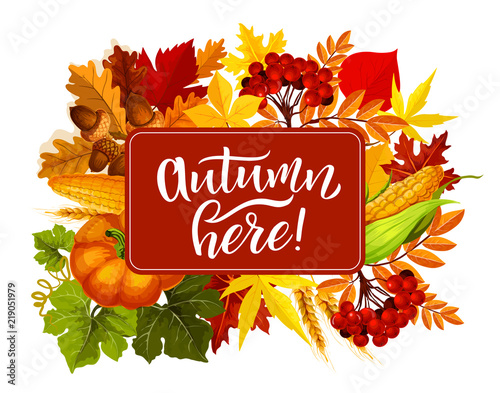 Autumn here poster. Vector fall harvest in leaves