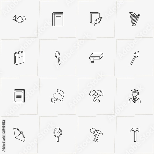History line icon set with pyramid, hand mirror and hammer