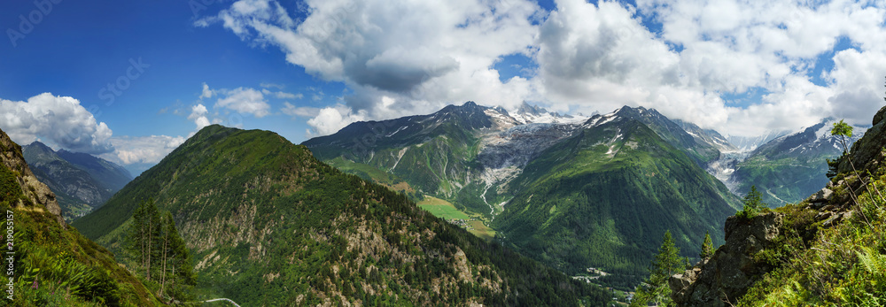 High Alps panoramic view. Border of France and Swiss.
