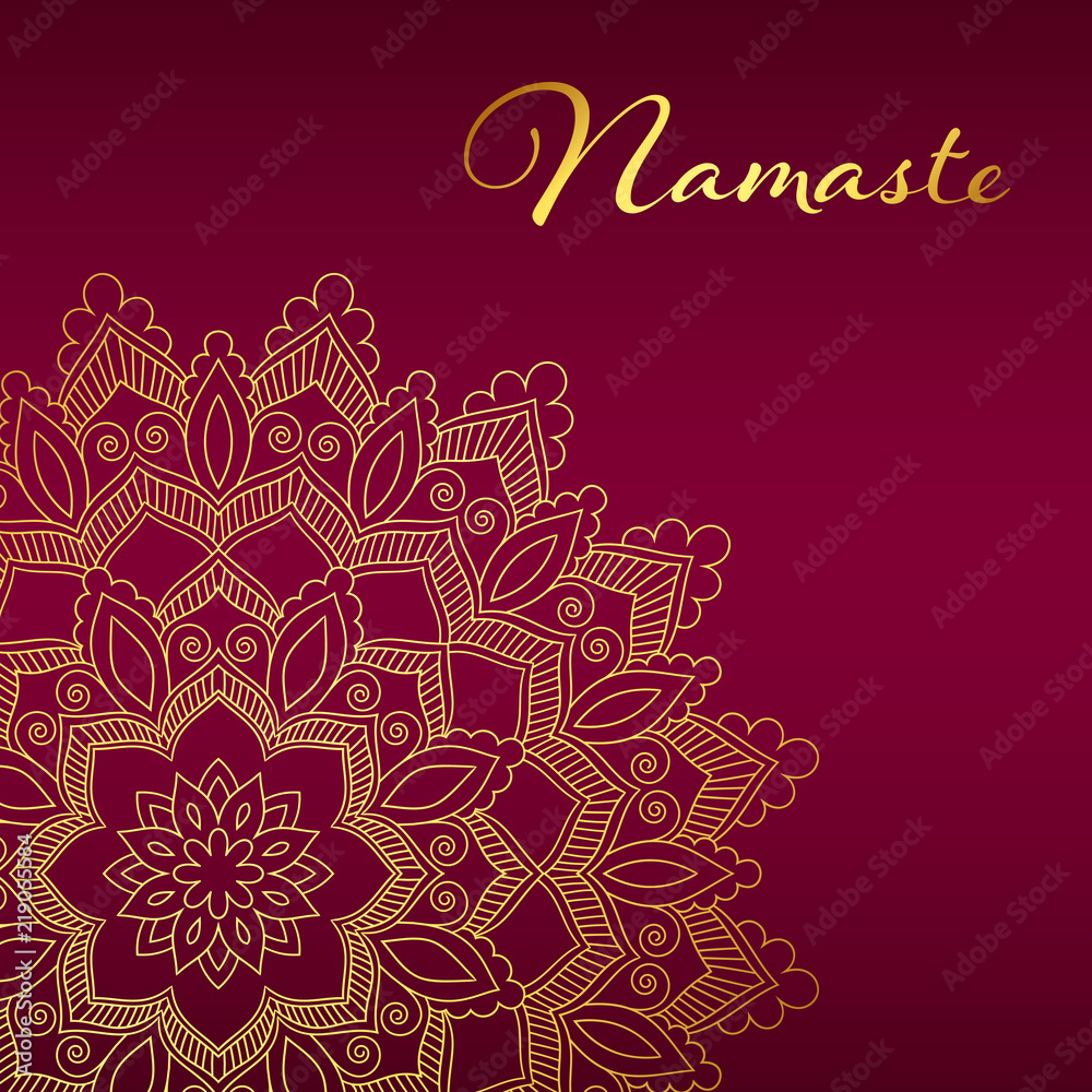 Flyer or brochure template with golden mandala pattern. Yoga classes banner. Hand drawn vector illustration