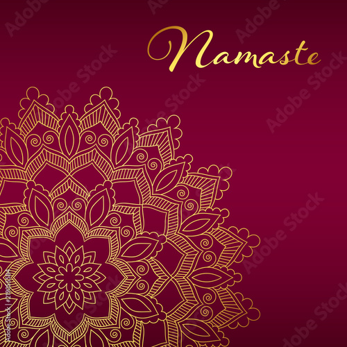 Flyer or brochure template with golden mandala pattern. Yoga classes banner. Hand drawn vector illustration