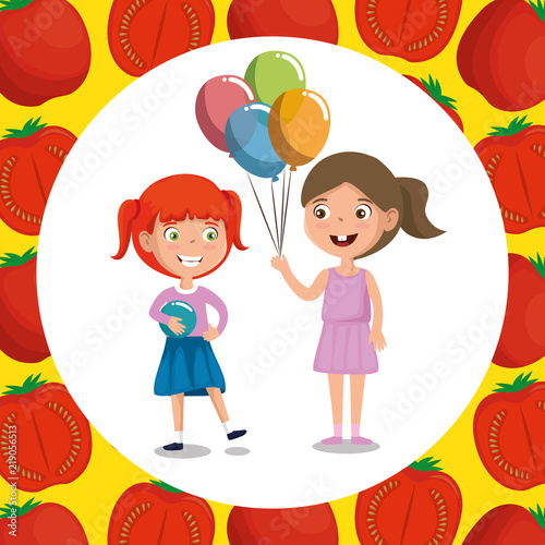 happy girls with nutrition food vector illustration design