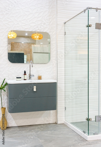 Spacious and bright modern bathroom interior with white walls, a shower cabin with glass wall, a toilet and faucet sink