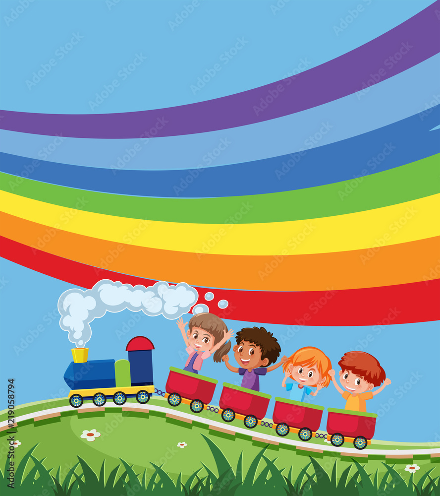 Obraz premium Train with children infront of rainbow