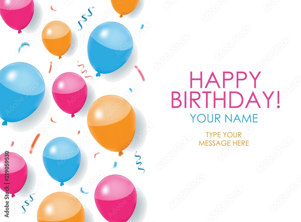 Happy Birthday Card with balloons, confettis, and white background.  Editable poster. Vector Stock Vector | Adobe Stock