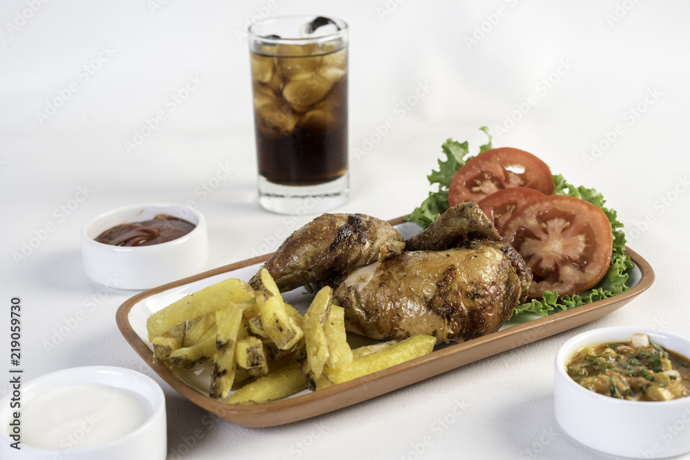 Peruvian food: Pollo a la brasa. Roast chicken.