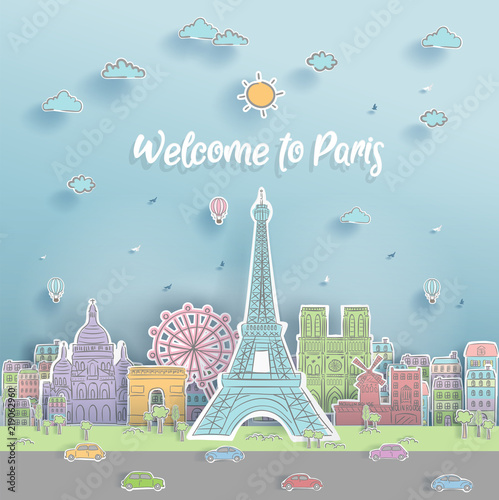 World famous landmark of Paris, France in paper cut style with hand drawn vector illustration for postcard and travel poster.